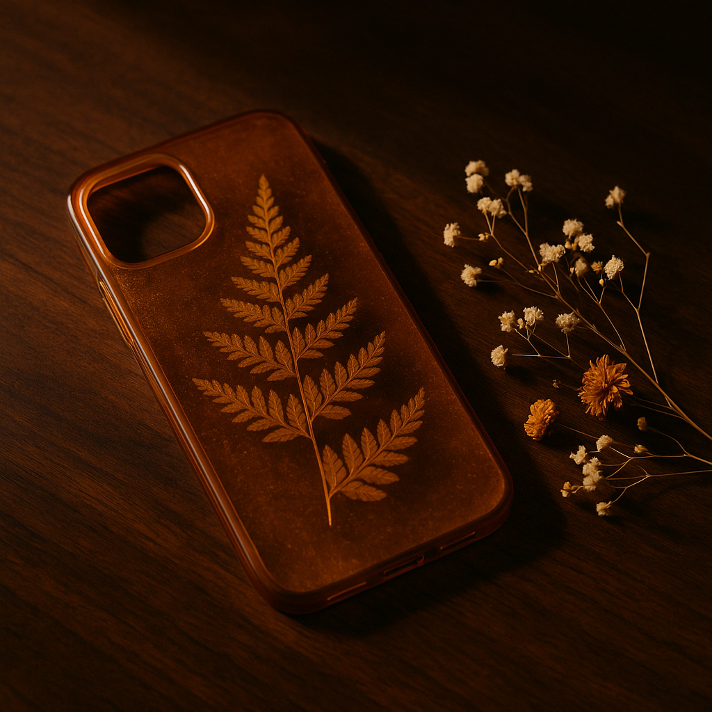 Deep amber phone case with a pressed botanical fern, lying on walnut wood with dried flowers