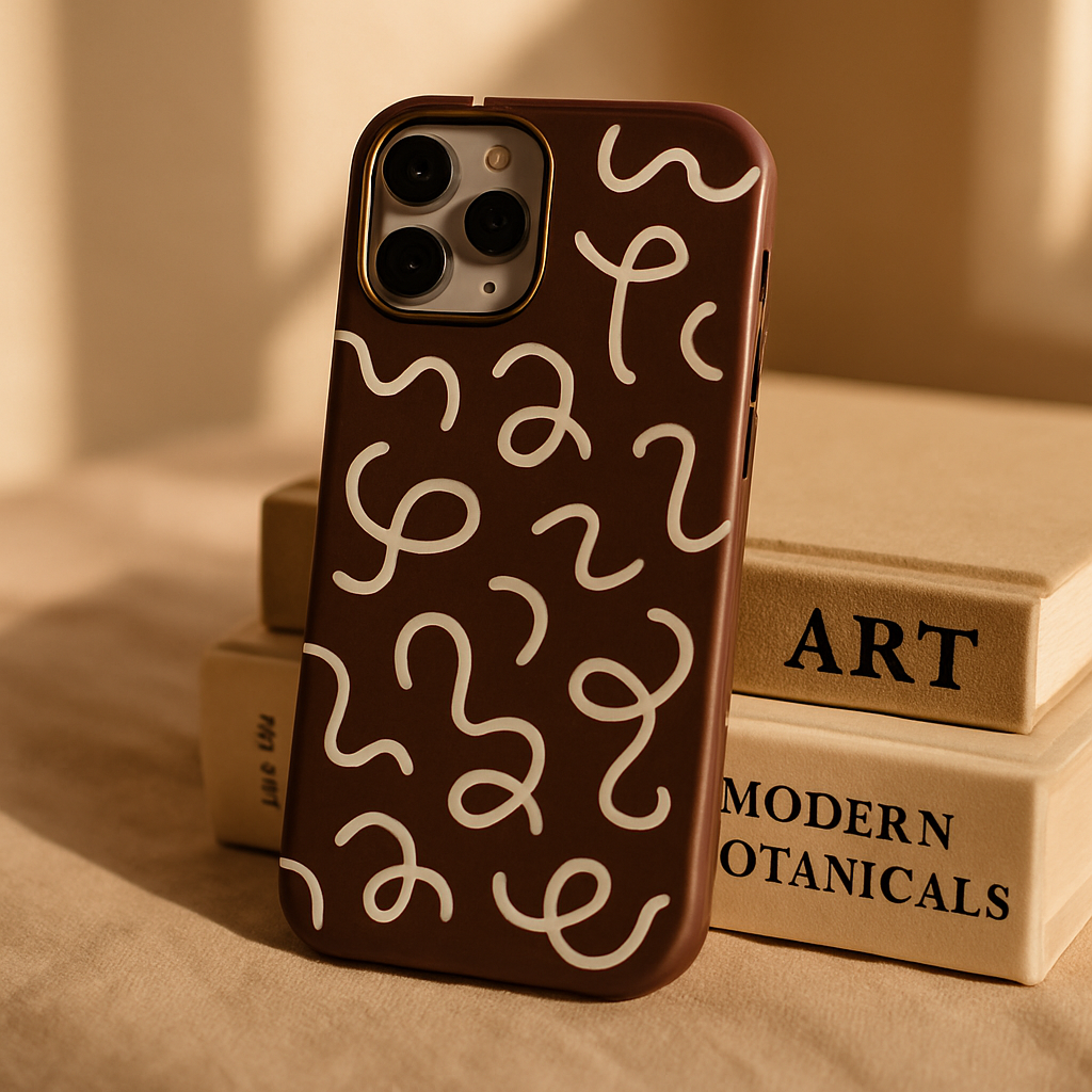 Cocoa brown phone case covered in playful cream squiggle doodles, propped against art books