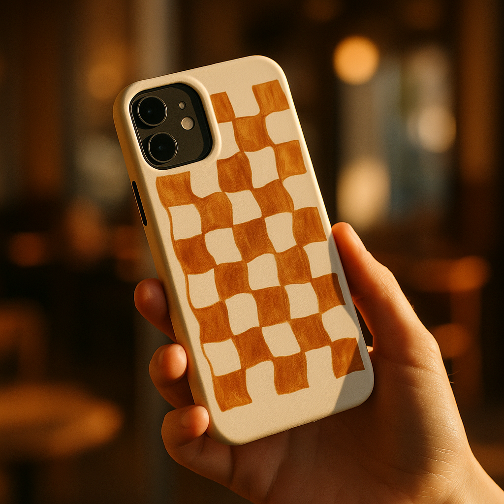 Cream phone case with wavy amber checkerboard pattern held up in golden-hour light