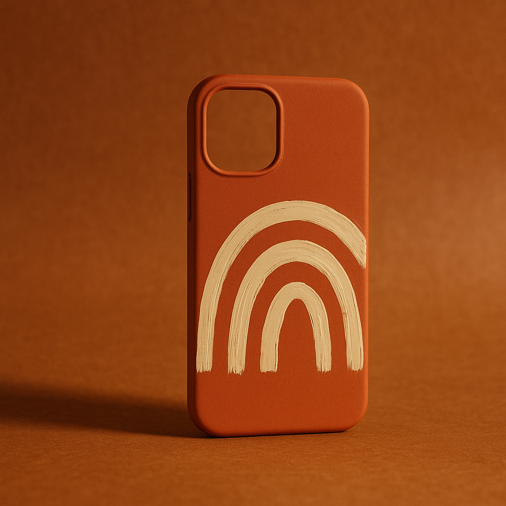 Terracotta phone case with hand-painted cream arc pattern on textured brown paper