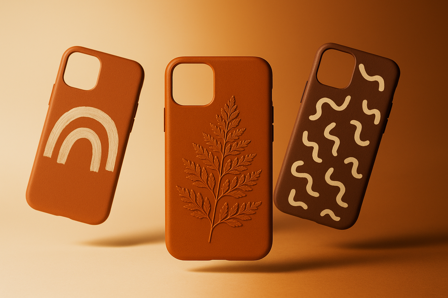 Three custom phone cases floating over a warm amber backdrop — terracotta arcs, pressed fern, and cream squiggles